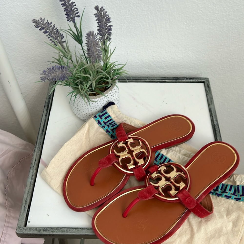 Tory Burch/ authentic/Red Miller Metal-logo Sandal, Leather